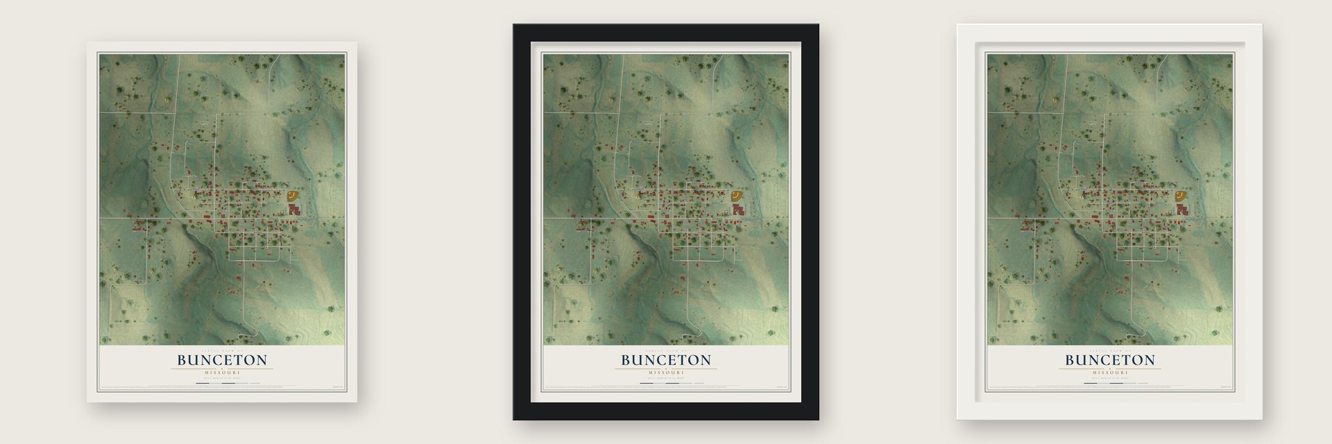 Bunceton, Missouri map unframed, in a black wood frame and in a white wood frame