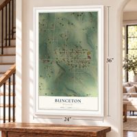 Bunceton, Missouri map, 24 x 36 inch print in a white frame by a staircase