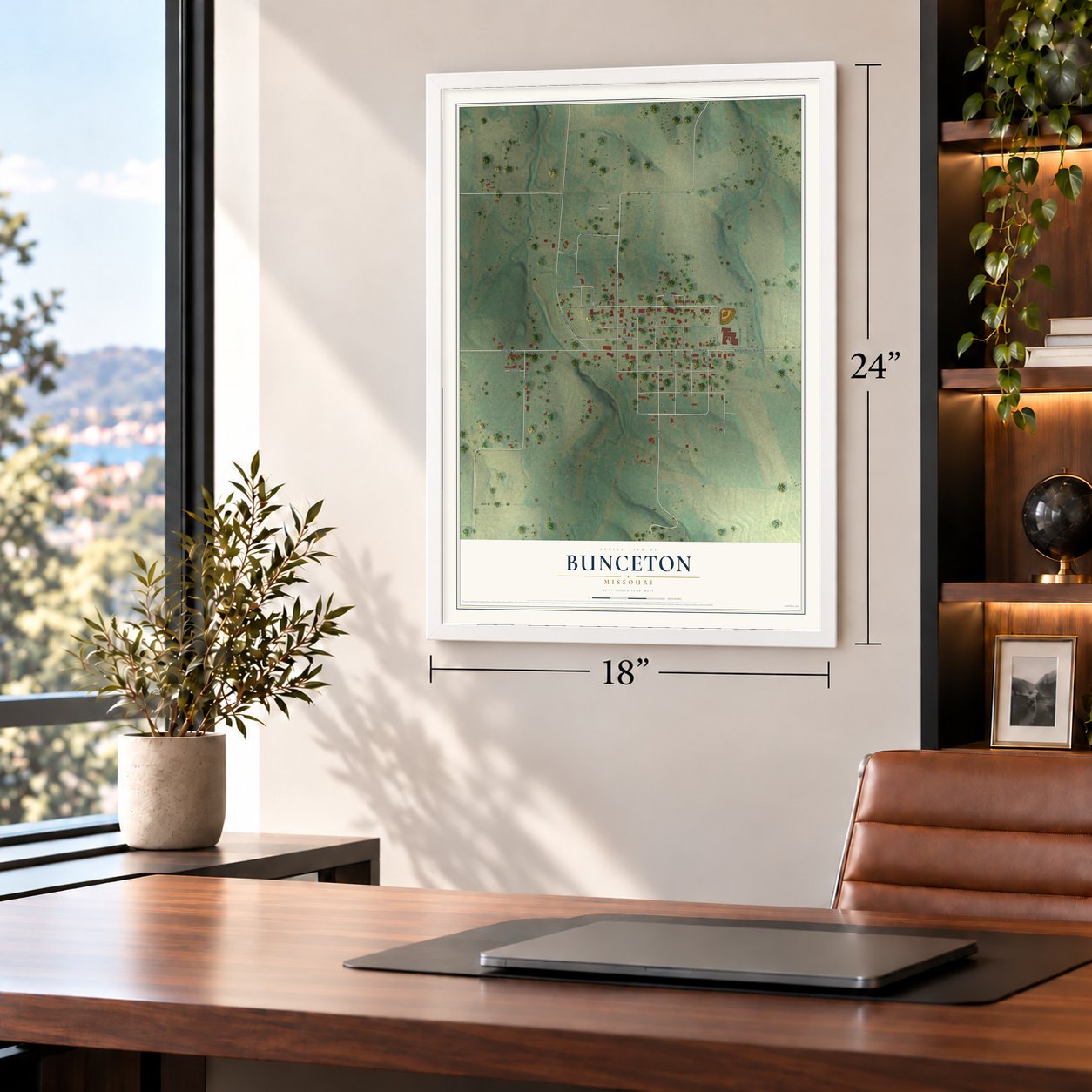 Bunceton, Missouri map, 18 x 24 inch print in a white frame in a home office