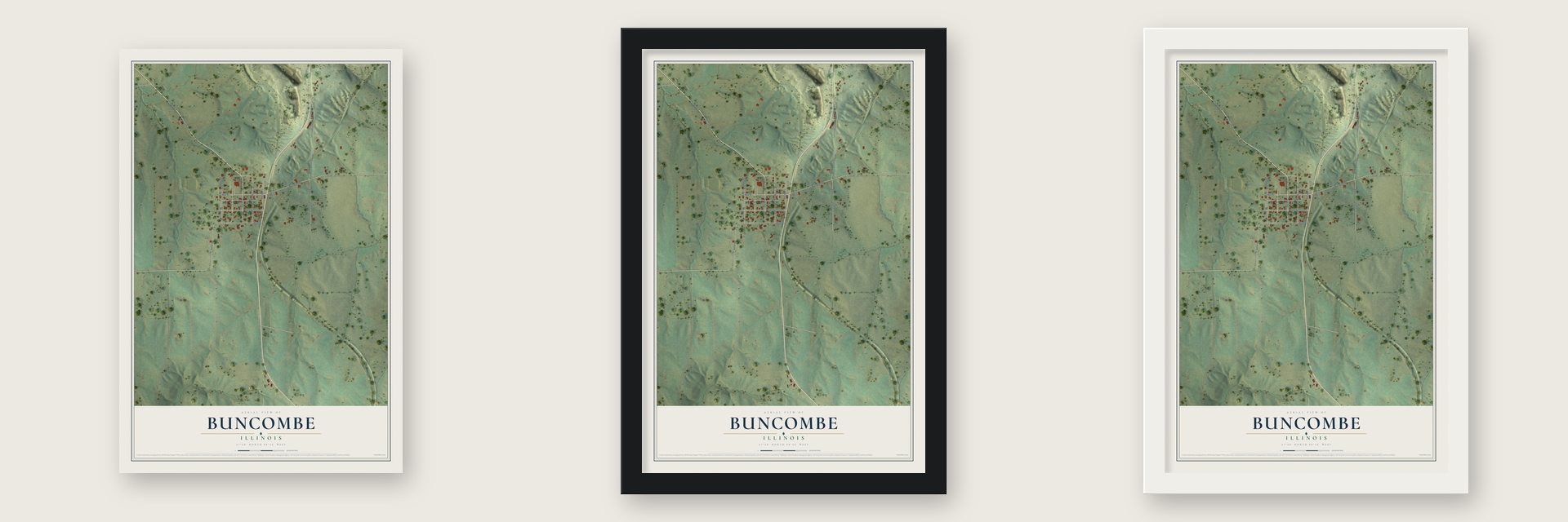 Buncombe, Illinois map unframed, in a black wood frame and in a white wood frame