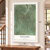 Buncombe, Illinois map, 24 x 36 inch print in a white frame by a staircase