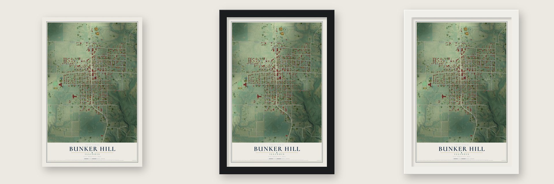 Bunker Hill, Illinois map unframed, in a black wood frame and in a white wood frame
