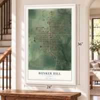 Bunker Hill, Illinois map, 24 x 36 inch print in a white frame by a staircase