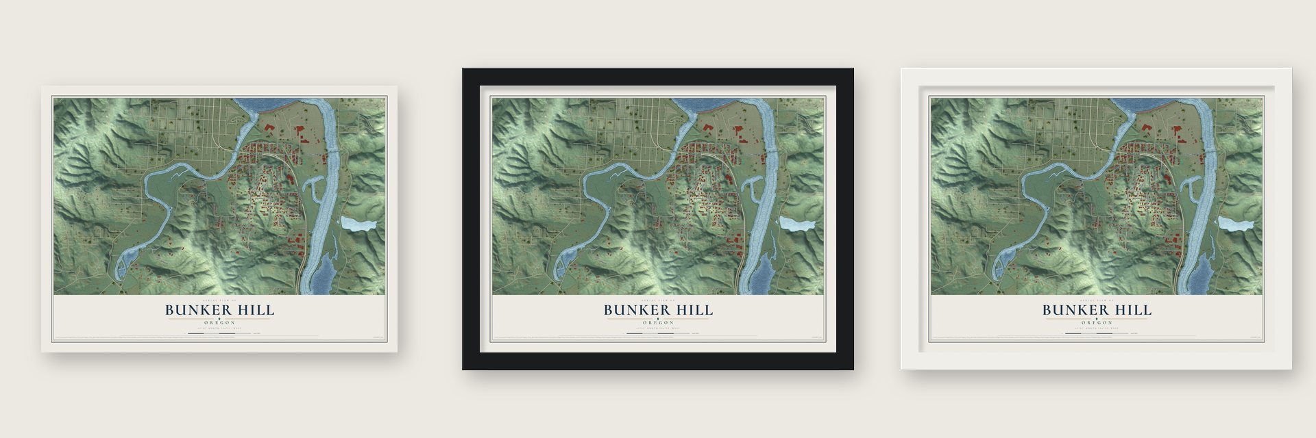 Bunker Hill, Oregon map unframed, in a black wood frame and in a white wood frame