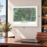 Bunker Hill, Oregon map, 18 x 24 inch print in a white frame in a home office