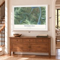 Bunker Hill, Oregon map, 24 x 36 inch print in a white frame above a dresser by a staircase