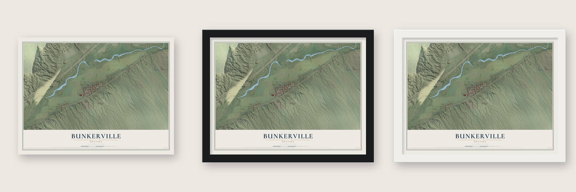 Bunkerville, Nevada map unframed, in a black wood frame and in a white wood frame