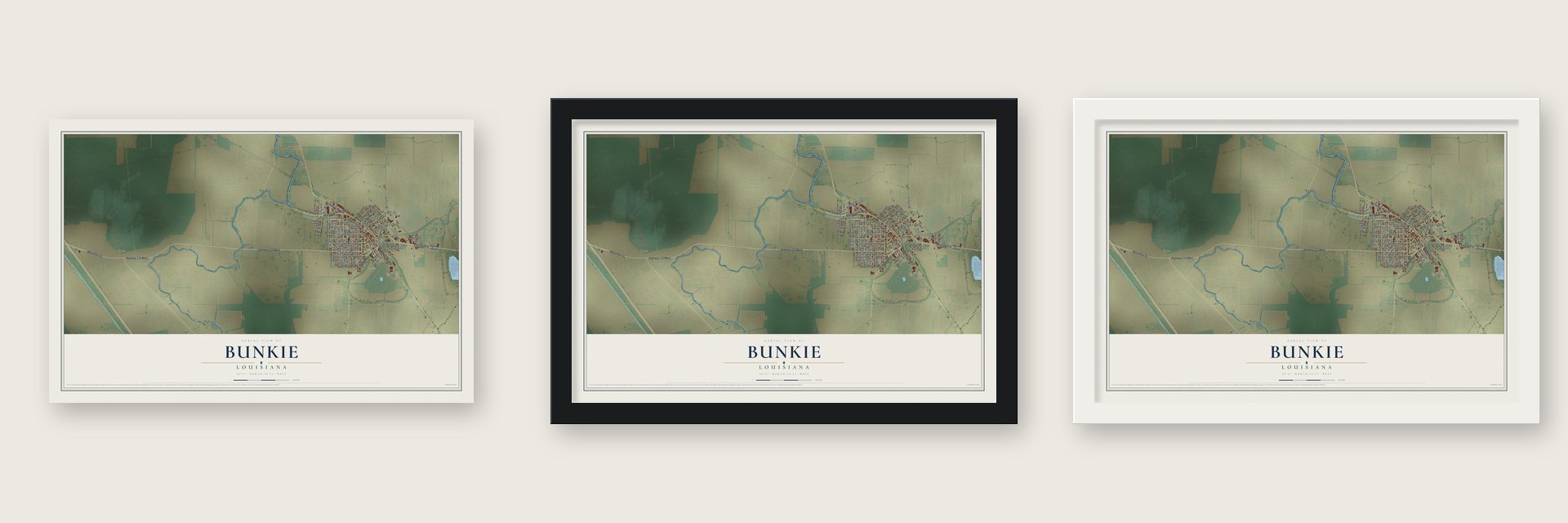 Bunkie, Louisiana map unframed, in a black wood frame and in a white wood frame