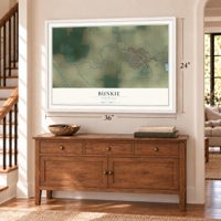 Bunkie, Louisiana map, 24 x 36 inch print in a white frame above a dresser by a staircase