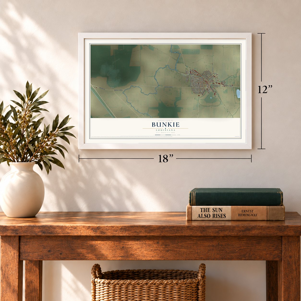 Bunkie, Louisiana map, 12 x 18 inch print in a white frame in an entryway