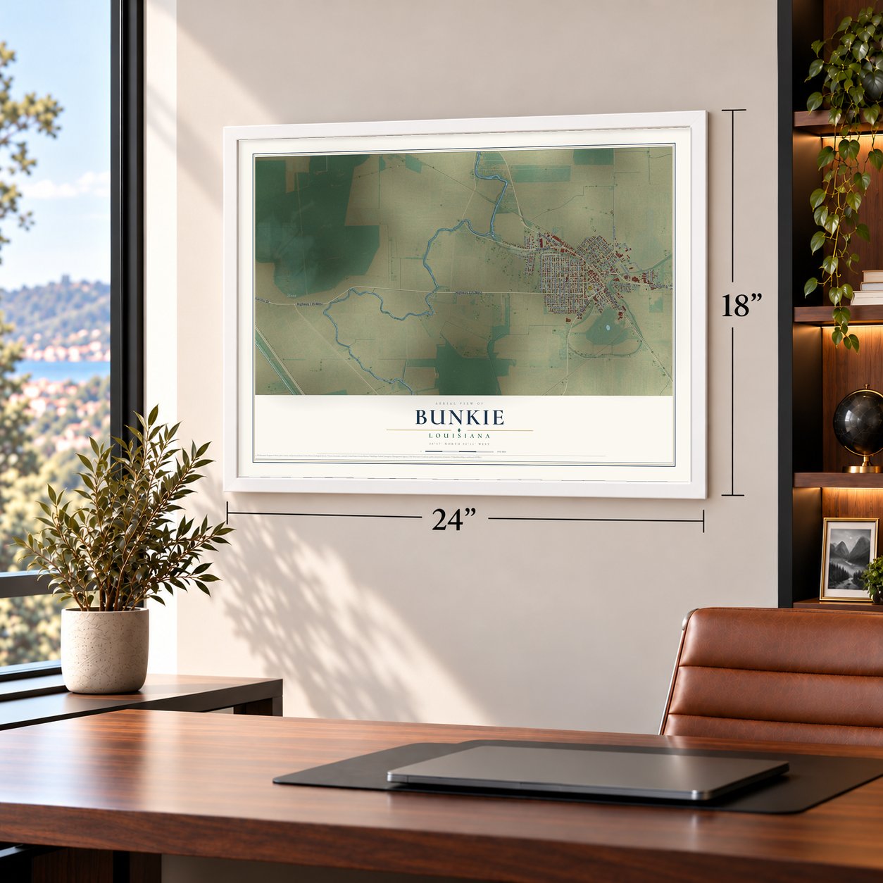Bunkie, Louisiana map, 18 x 24 inch print in a white frame in a home office
