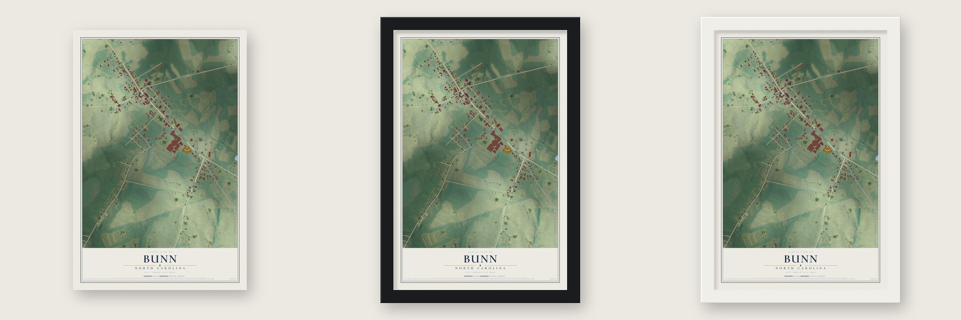 Bunn, North Carolina map unframed, in a black wood frame and in a white wood frame