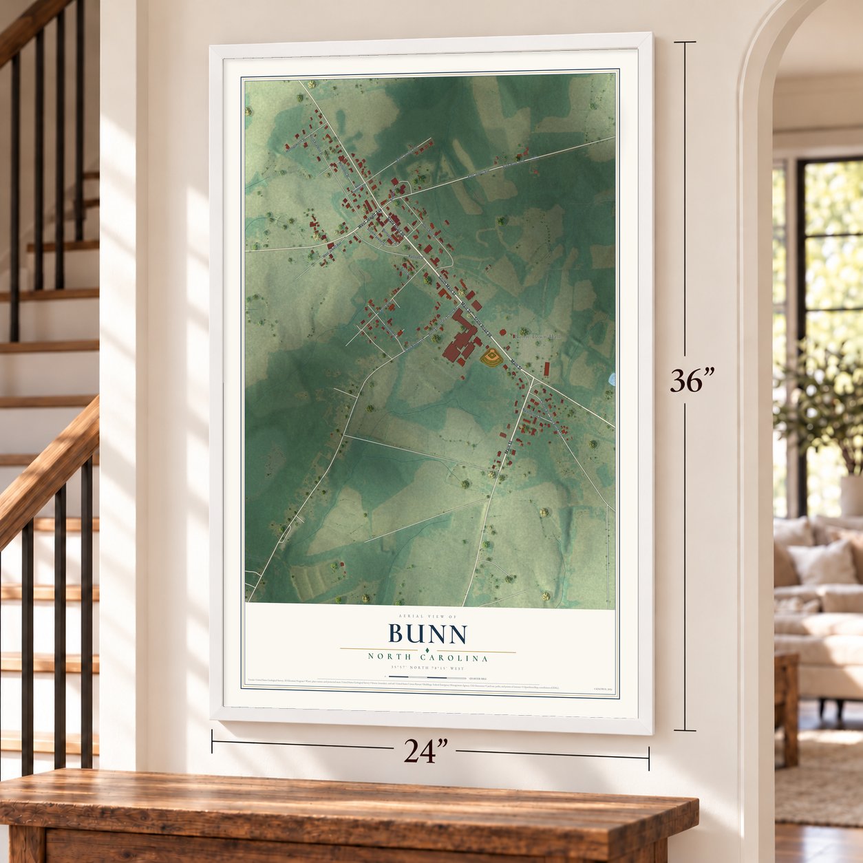 Bunn, North Carolina map, 24 x 36 inch print in a white frame by a staircase