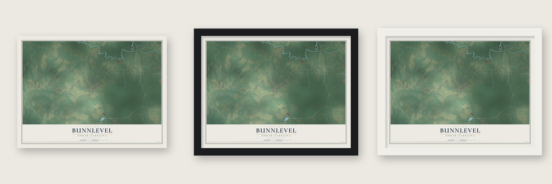 Bunnlevel, North Carolina map unframed, in a black wood frame and in a white wood frame