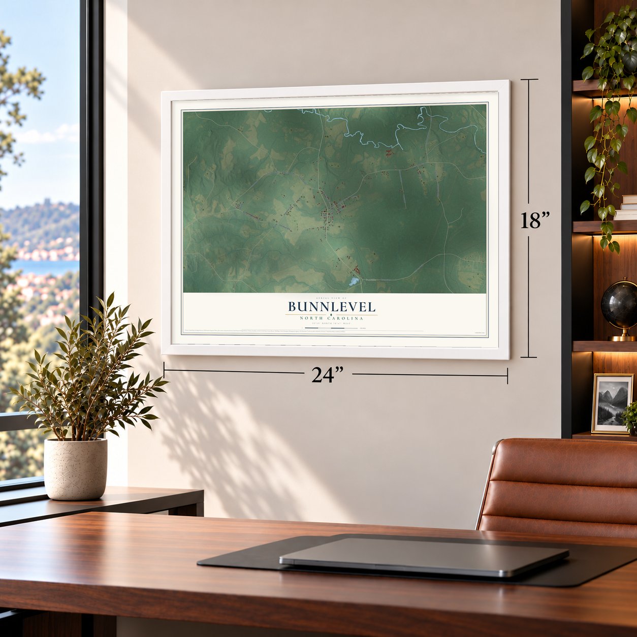 Bunnlevel, North Carolina map, 18 x 24 inch print in a white frame in a home office