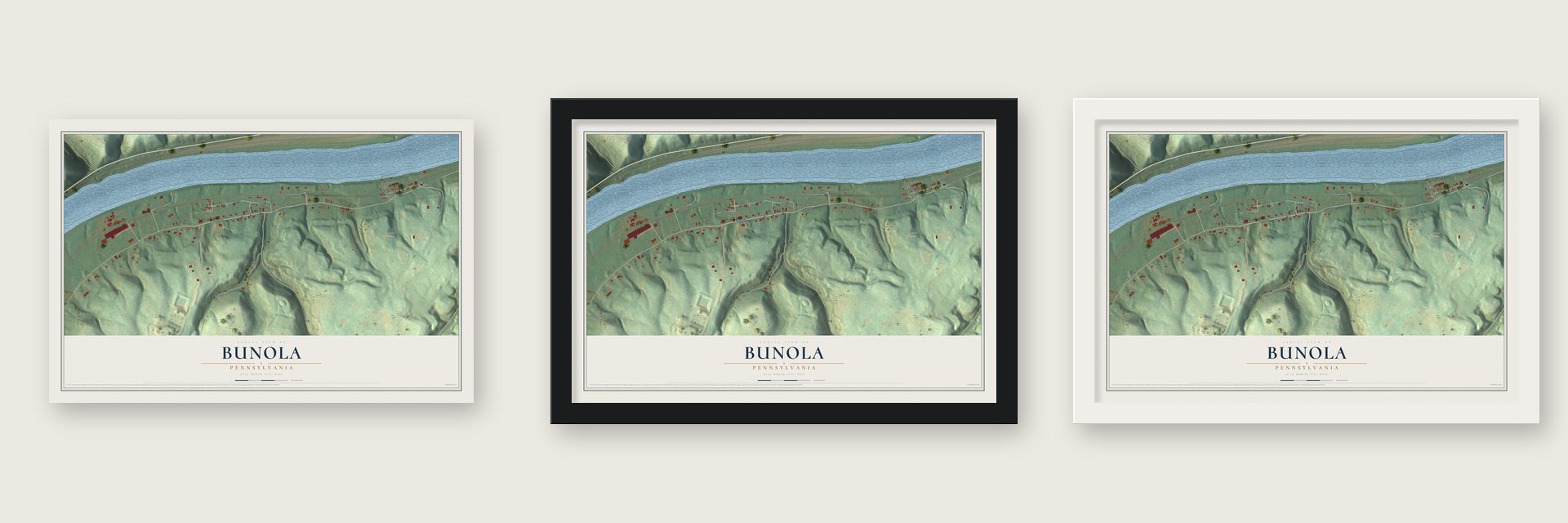 Bunola, Pennsylvania map unframed, in a black wood frame and in a white wood frame