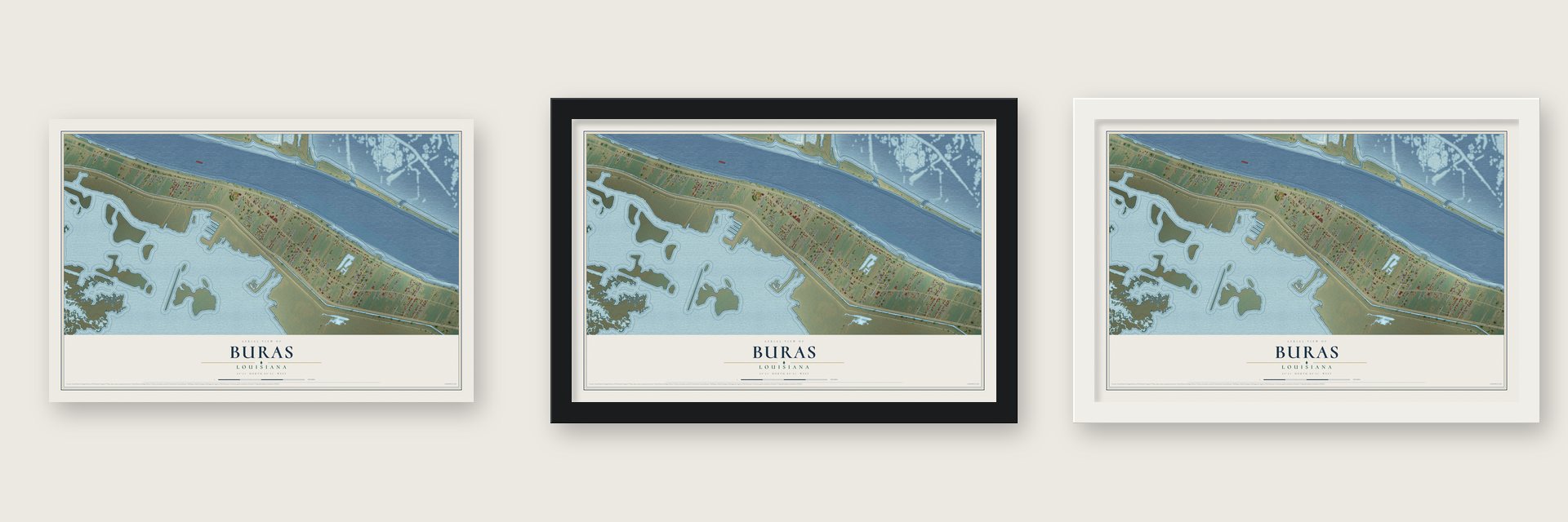 Buras, Louisiana map unframed, in a black wood frame and in a white wood frame