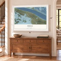 Buras, Louisiana map, 24 x 36 inch print in a white frame above a dresser by a staircase