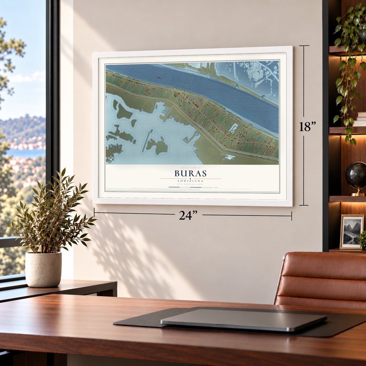 Buras, Louisiana map, 18 x 24 inch print in a white frame in a home office