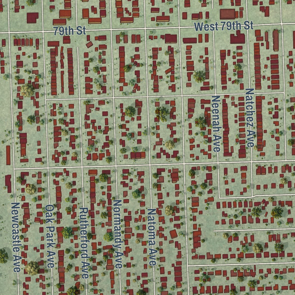 Second close-up of the map of Burbank, Illinois print showing more streets and buildings