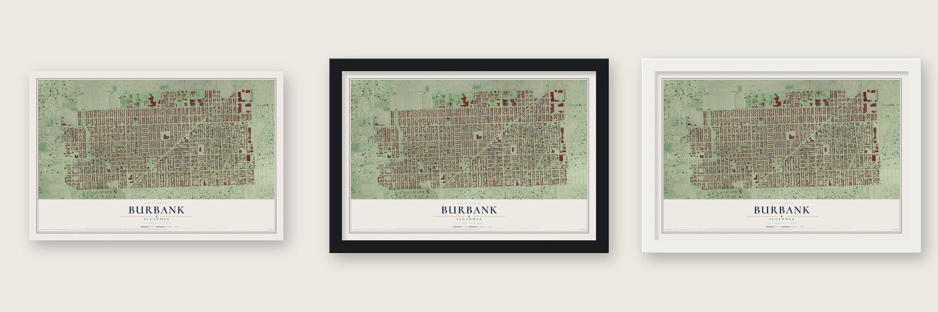 Burbank, Illinois map unframed, in a black wood frame and in a white wood frame