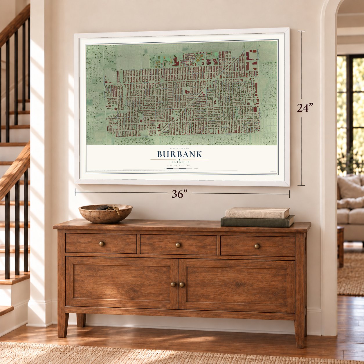 Burbank, Illinois map, 24 x 36 inch print in a white frame above a dresser by a staircase