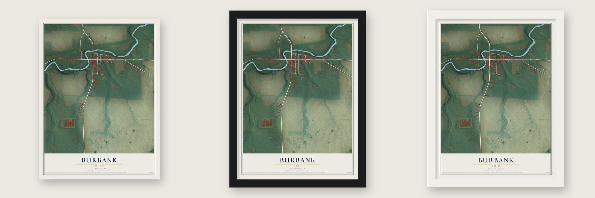 Burbank, Ohio map unframed, in a black wood frame and in a white wood frame