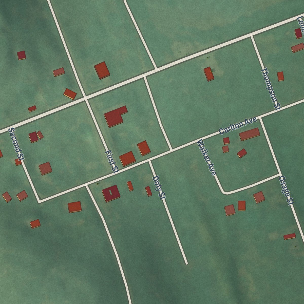 Second close-up of the map of Burbank, Oklahoma print showing more streets and buildings