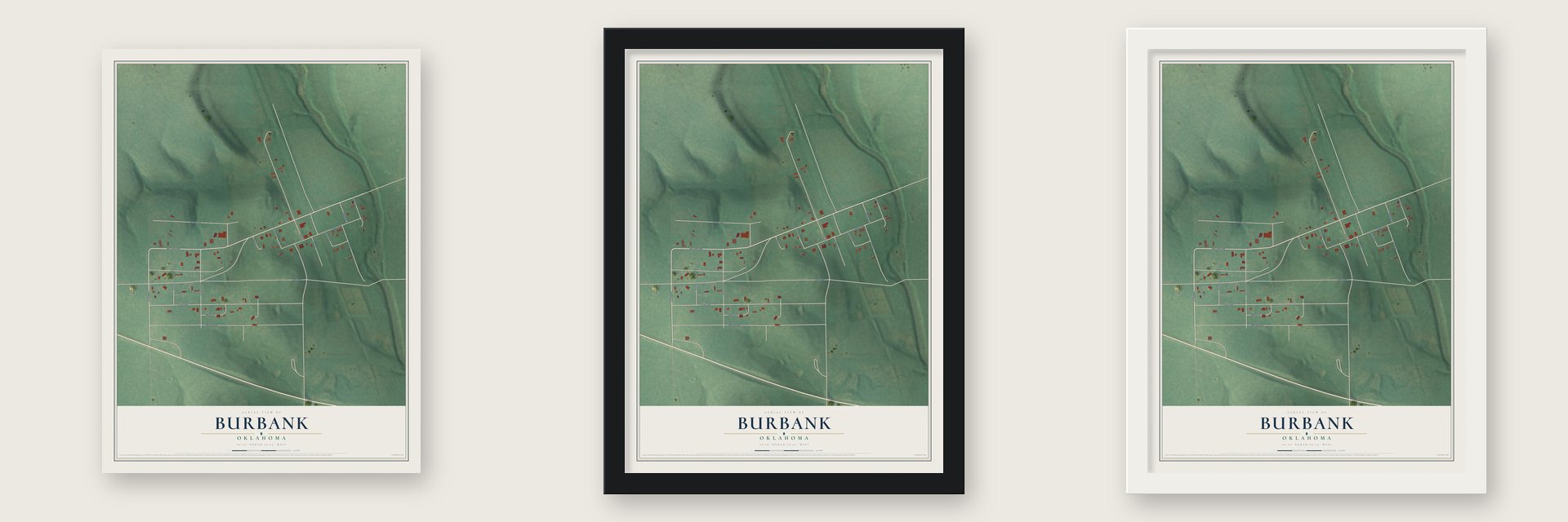 Burbank, Oklahoma map unframed, in a black wood frame and in a white wood frame