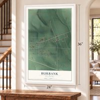 Burbank, Oklahoma map, 24 x 36 inch print in a white frame by a staircase