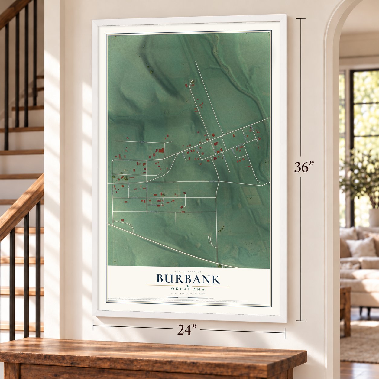 Burbank, Oklahoma map, 24 x 36 inch print in a white frame by a staircase
