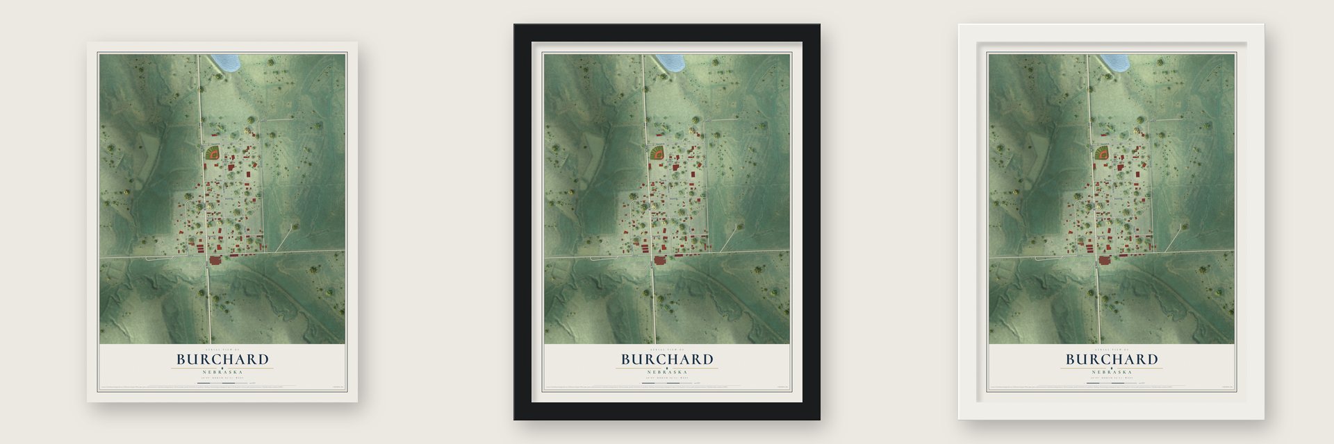 Burchard, Nebraska map unframed, in a black wood frame and in a white wood frame
