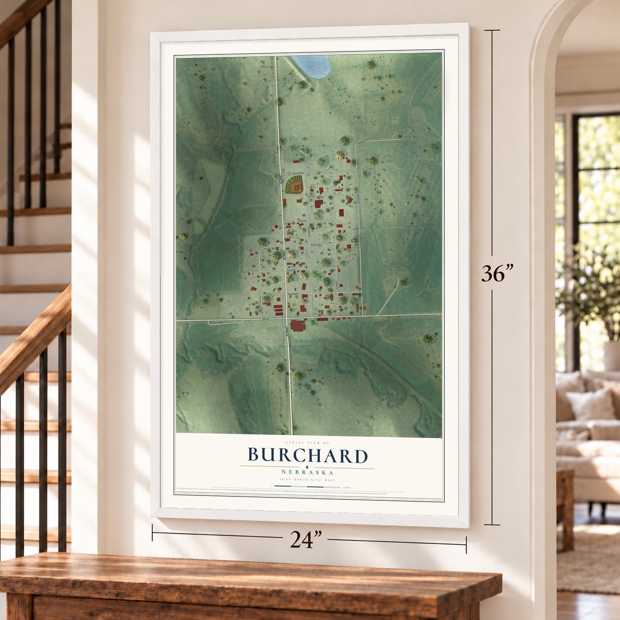 Burchard, Nebraska map, 24 x 36 inch print in a white frame by a staircase