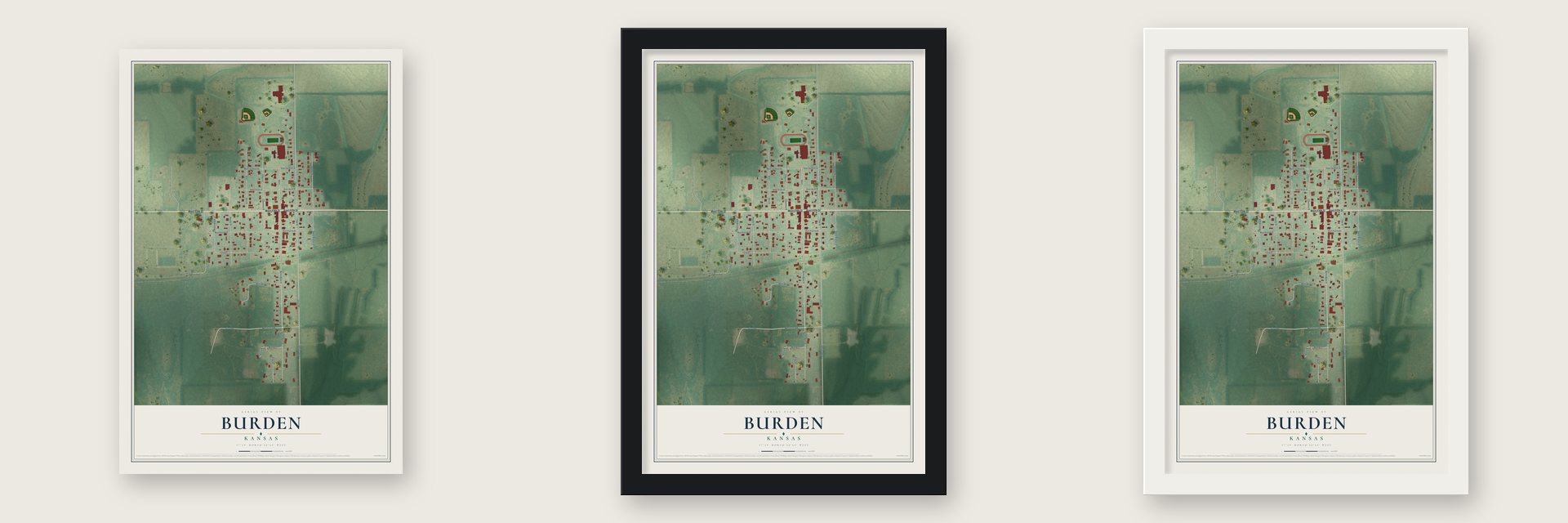 Burden, Kansas map unframed, in a black wood frame and in a white wood frame