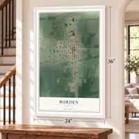 Burden, Kansas map, 24 x 36 inch print in a white frame by a staircase