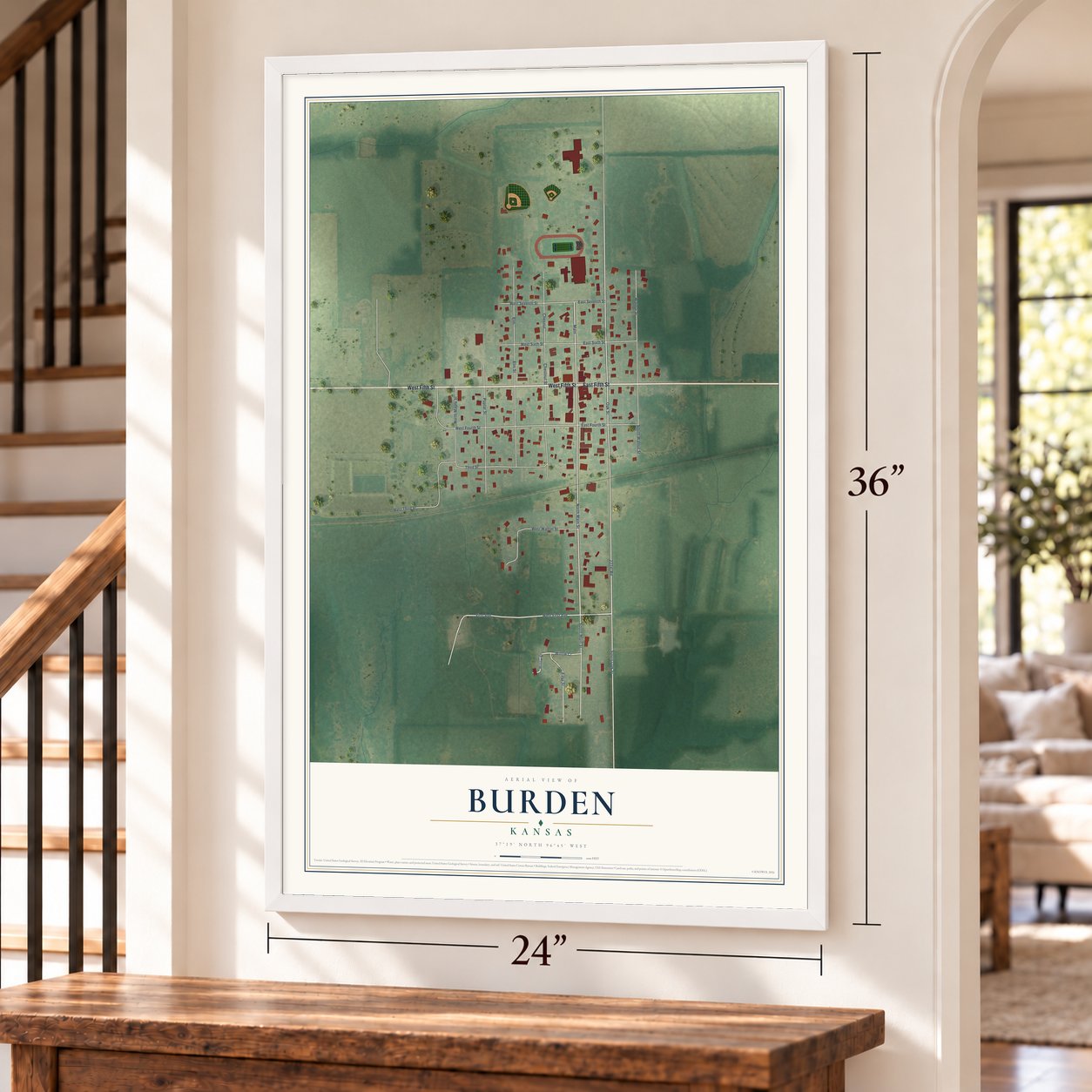 Burden, Kansas map, 24 x 36 inch print in a white frame by a staircase