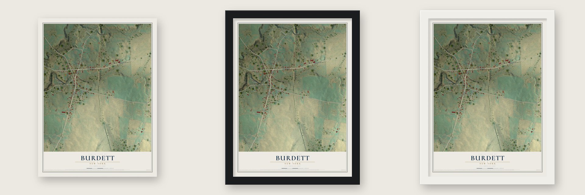 Burdett, New York map unframed, in a black wood frame and in a white wood frame