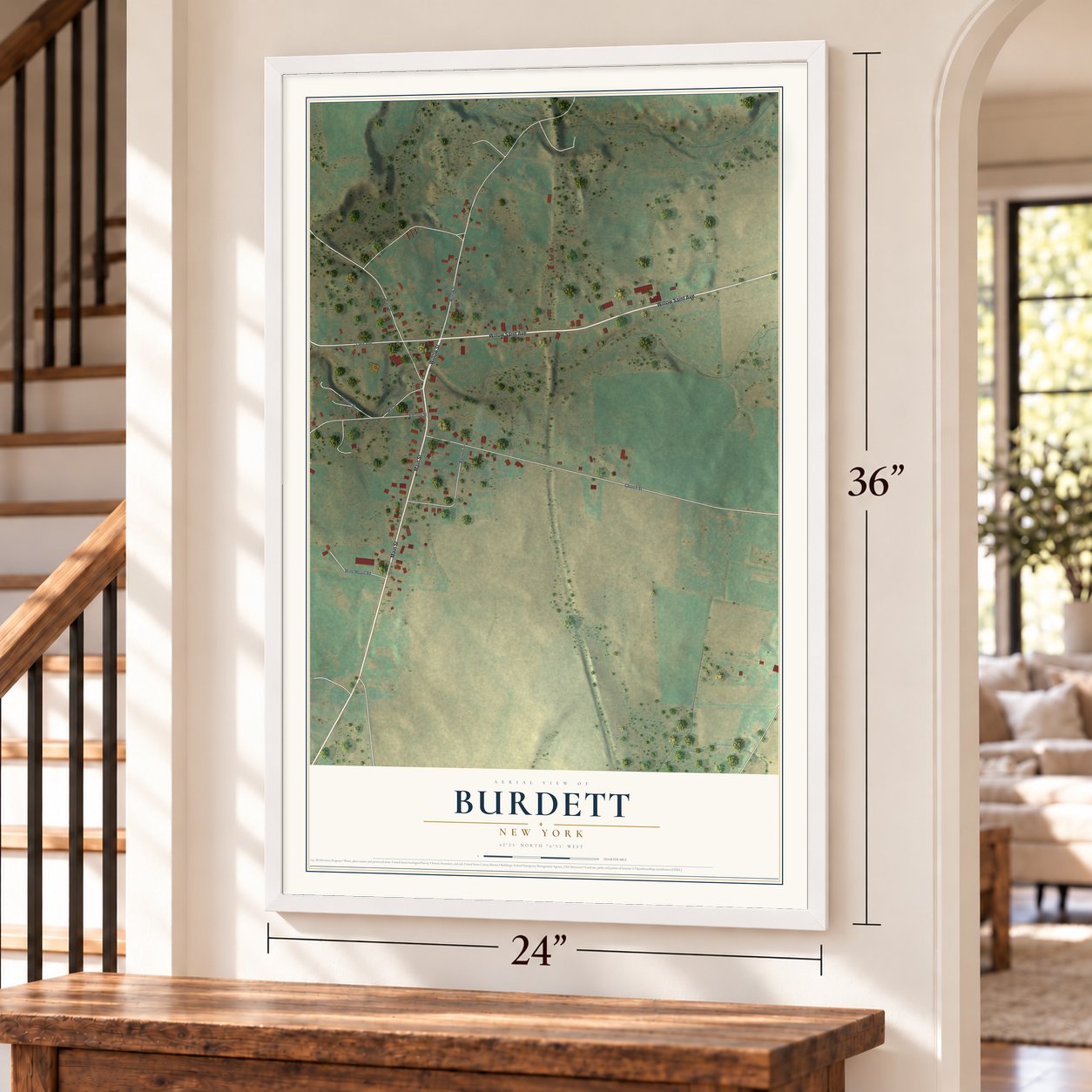 Burdett, New York map, 24 x 36 inch print in a white frame by a staircase