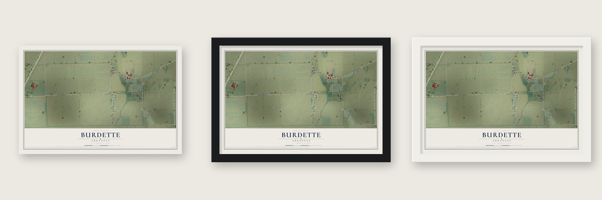 Burdette, Arkansas map unframed, in a black wood frame and in a white wood frame