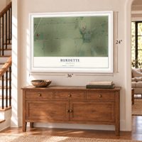 Burdette, Arkansas map, 24 x 36 inch print in a white frame above a dresser by a staircase