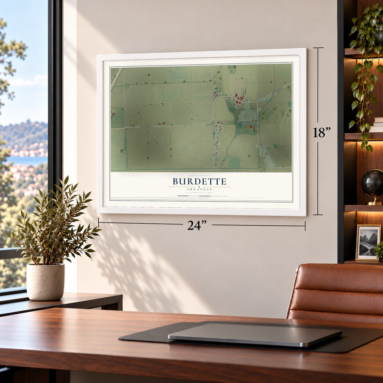 Burdette, Arkansas map, 18 x 24 inch print in a white frame in a home office