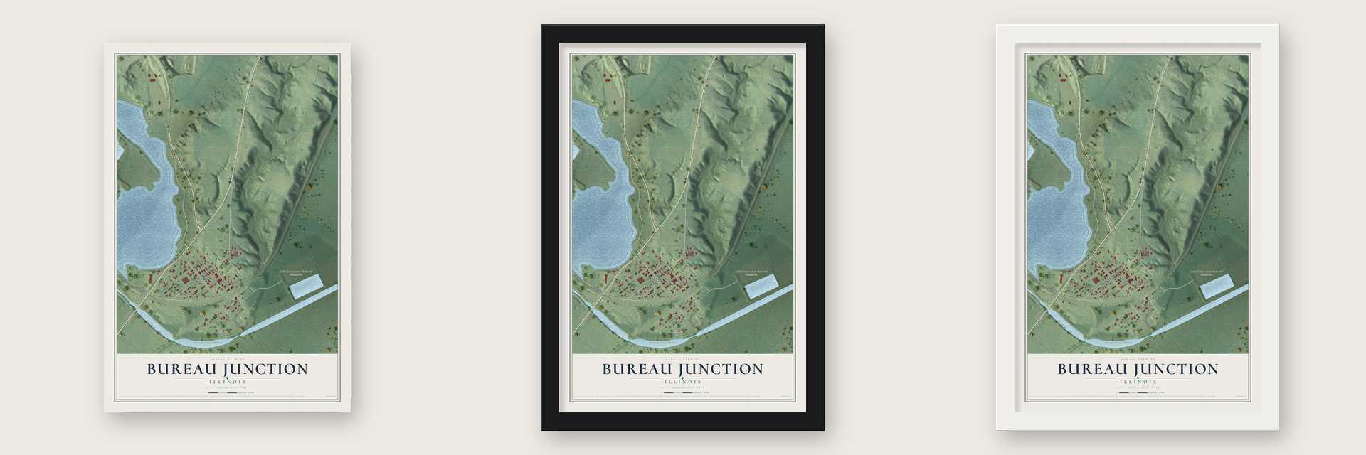 Bureau Junction, Illinois map unframed, in a black wood frame and in a white wood frame