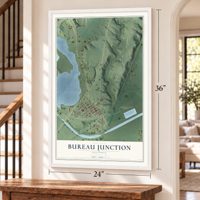 Bureau Junction, Illinois map, 24 x 36 inch print in a white frame by a staircase