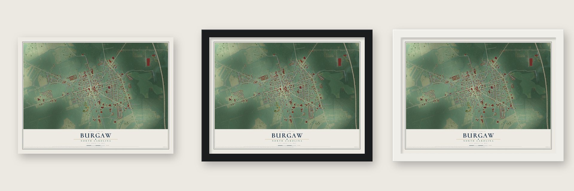 Burgaw, North Carolina map unframed, in a black wood frame and in a white wood frame