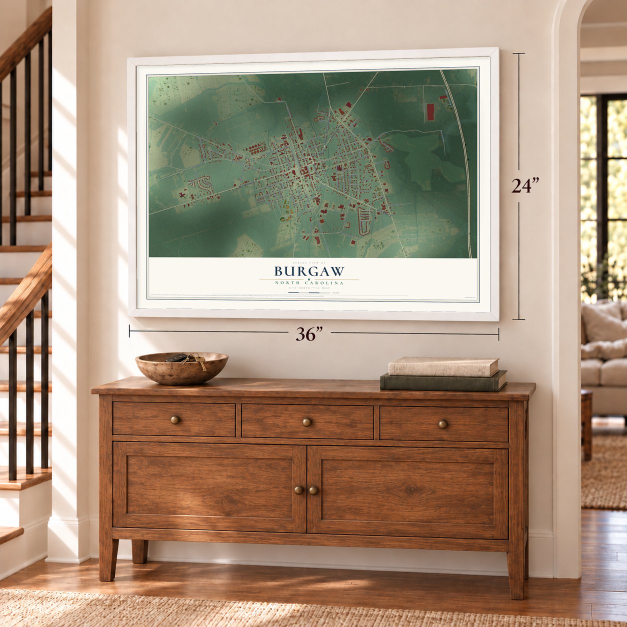 Burgaw, North Carolina map, 24 x 36 inch print in a white frame above a dresser by a staircase