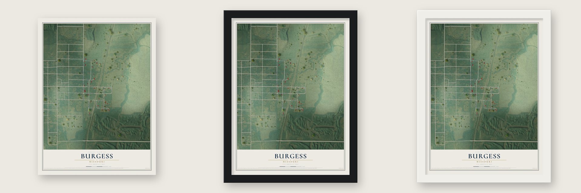 Burgess, Missouri map unframed, in a black wood frame and in a white wood frame