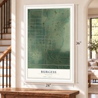 Burgess, Missouri map, 24 x 36 inch print in a white frame by a staircase