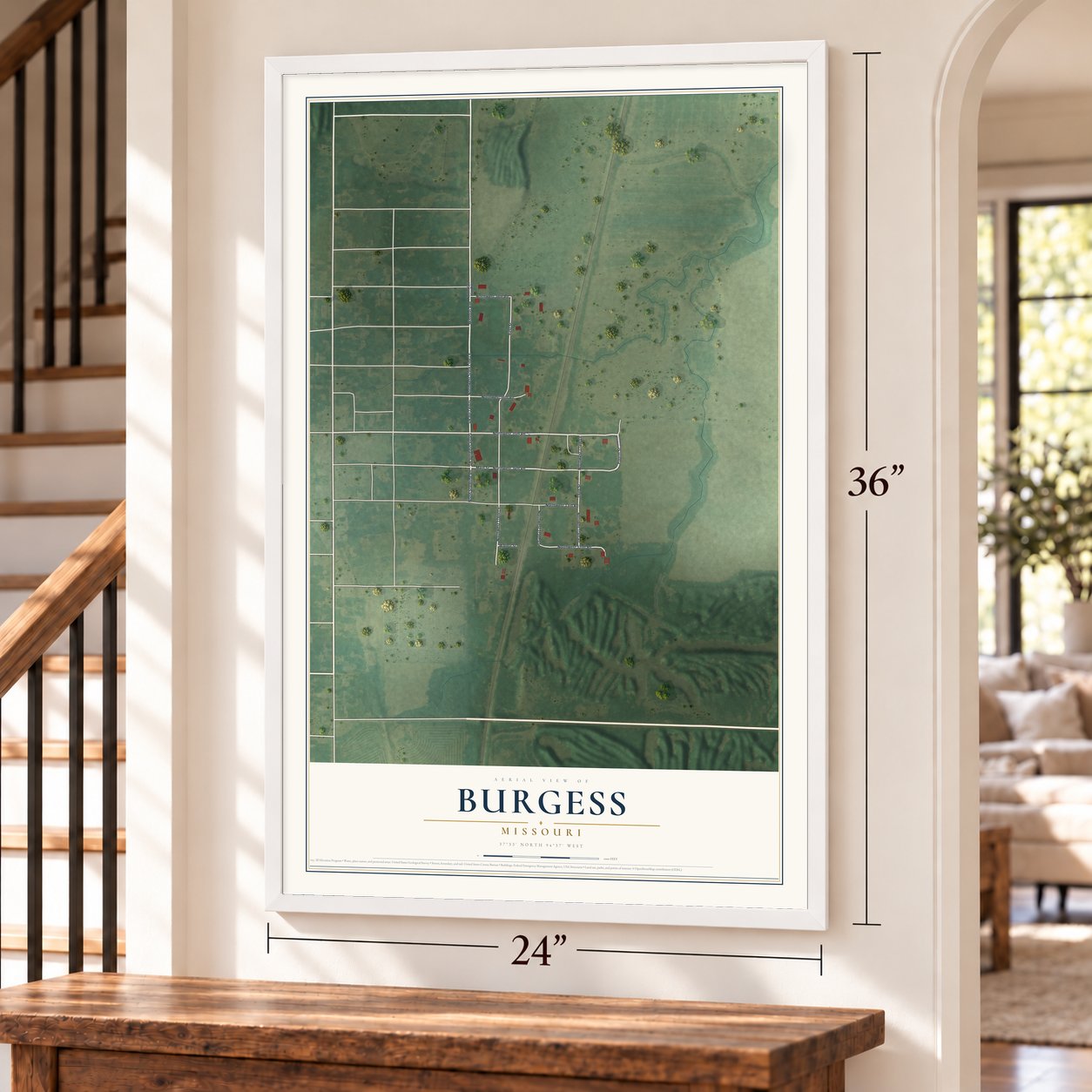 Burgess, Missouri map, 24 x 36 inch print in a white frame by a staircase