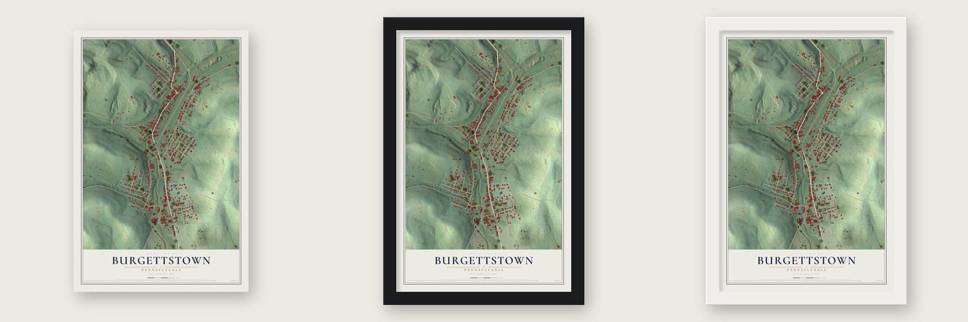 Burgettstown, Pennsylvania map unframed, in a black wood frame and in a white wood frame