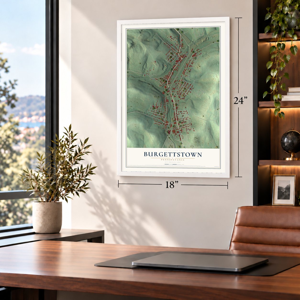 Burgettstown, Pennsylvania map, 18 x 24 inch print in a white frame in a home office